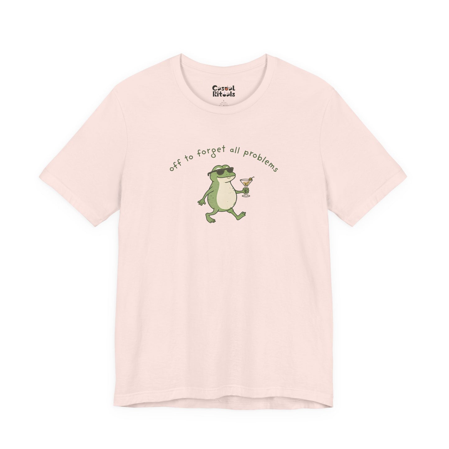 Frog with Martini T-Shirt — “Off to Forget All Problems” Playful Relaxed Tee