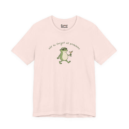 Frog with Martini T-Shirt — “Off to Forget All Problems” Playful Relaxed Tee
