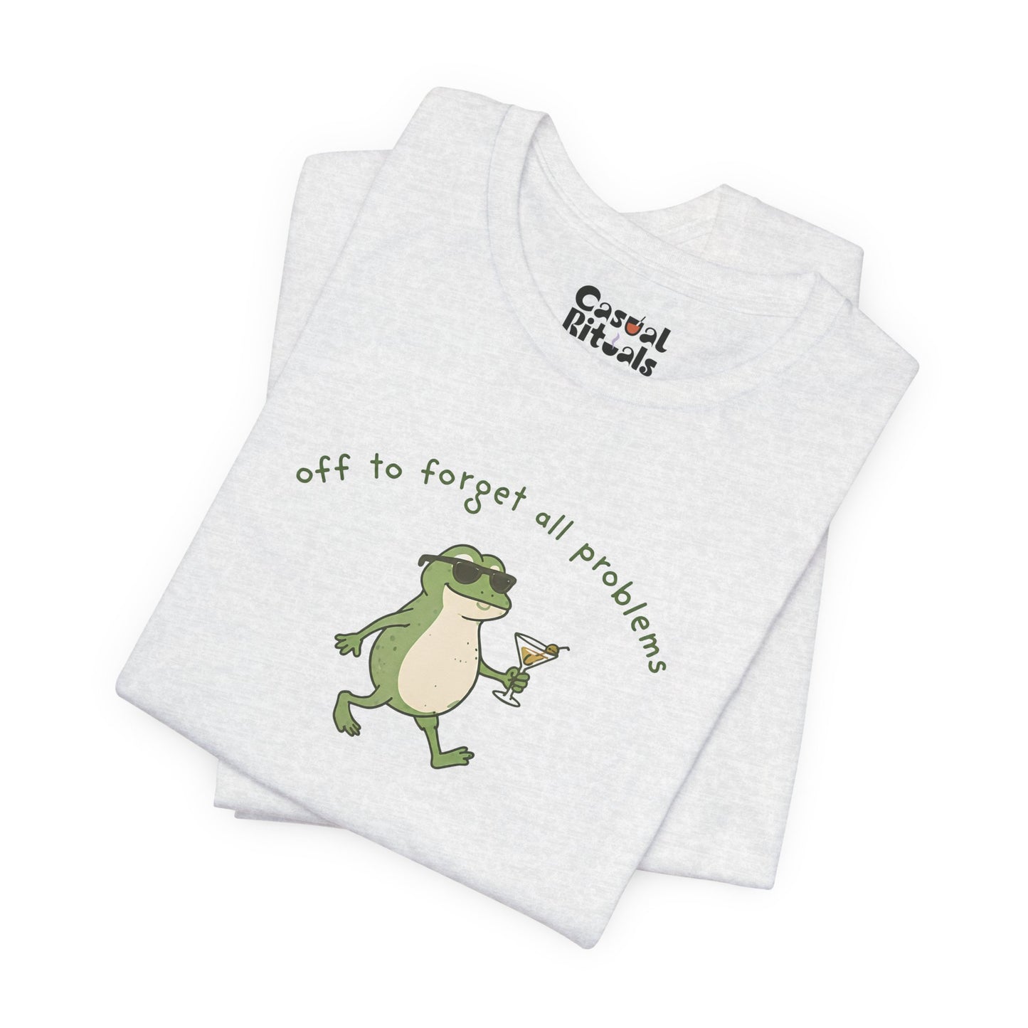 Frog with Martini T-Shirt — “Off to Forget All Problems” Playful Relaxed Tee