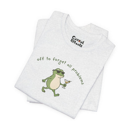 Frog with Martini T-Shirt — “Off to Forget All Problems” Playful Relaxed Tee