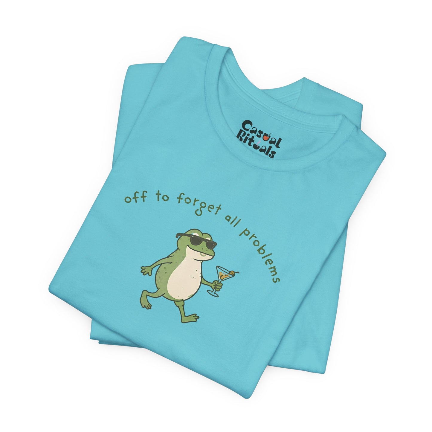 Frog with Martini T-Shirt — “Off to Forget All Problems” Playful Relaxed Tee