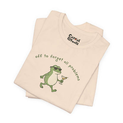 Frog with Martini T-Shirt — “Off to Forget All Problems” Playful Relaxed Tee