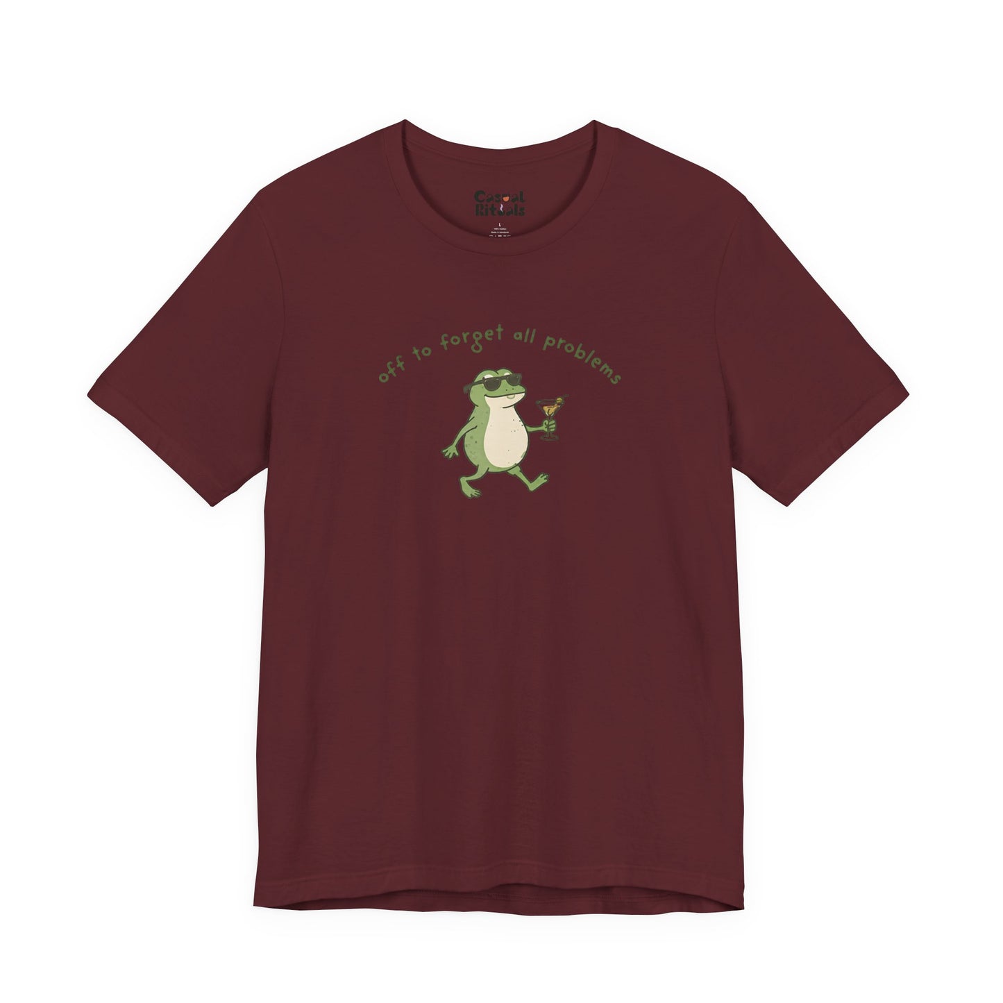 Frog with Martini T-Shirt — “Off to Forget All Problems” Playful Relaxed Tee