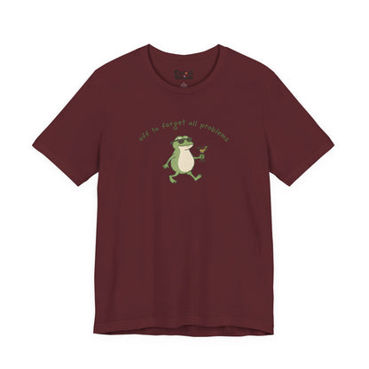 Frog with Martini T-Shirt — “Off to Forget All Problems” Playful Relaxed Tee