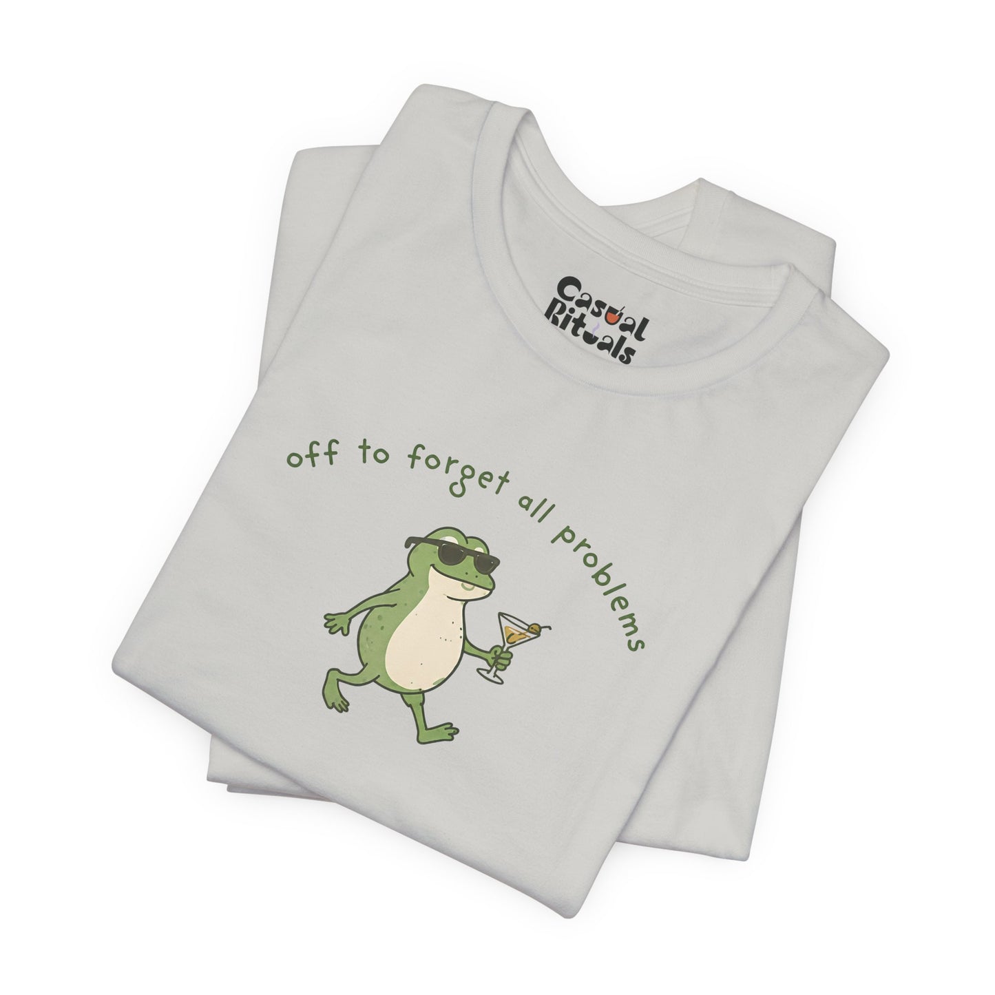 Frog with Martini T-Shirt — “Off to Forget All Problems” Playful Relaxed Tee