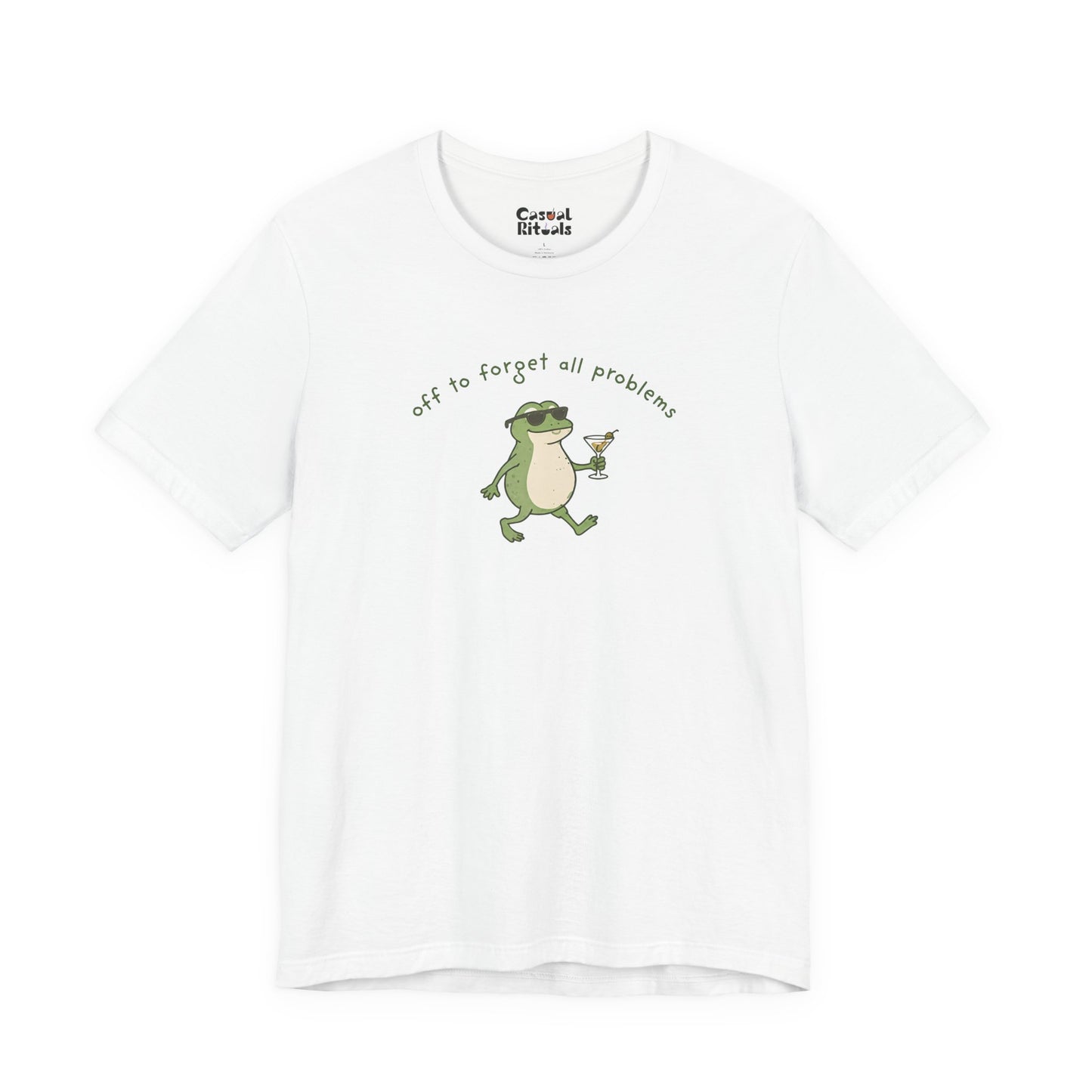 Frog with Martini T-Shirt — “Off to Forget All Problems” Playful Relaxed Tee