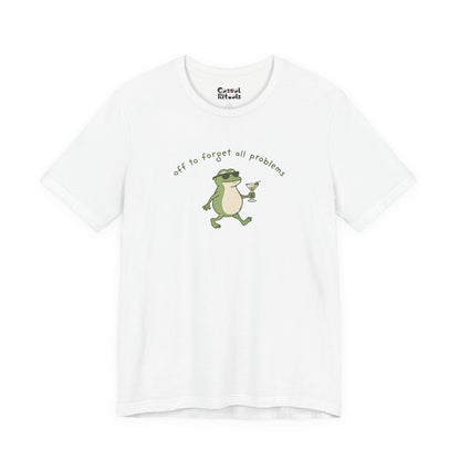 Frog with Martini T-Shirt — “Off to Forget All Problems” Playful Relaxed Tee