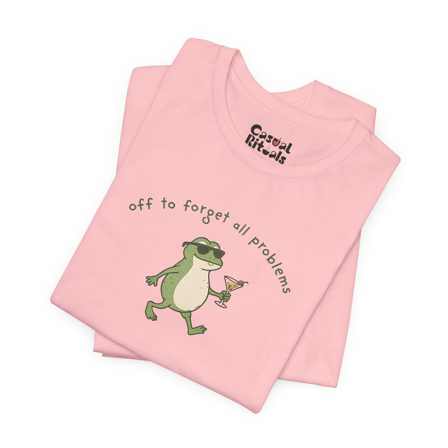 Frog with Martini T-Shirt — “Off to Forget All Problems” Playful Relaxed Tee