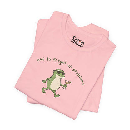 Frog with Martini T-Shirt — “Off to Forget All Problems” Playful Relaxed Tee