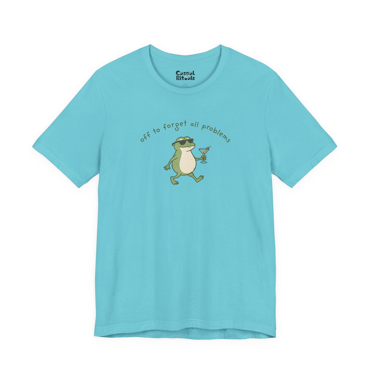 Frog with Martini T-Shirt — “Off to Forget All Problems” Playful Relaxed Tee