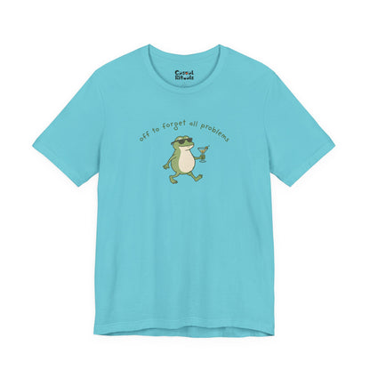 Frog with Martini T-Shirt — “Off to Forget All Problems” Playful Relaxed Tee