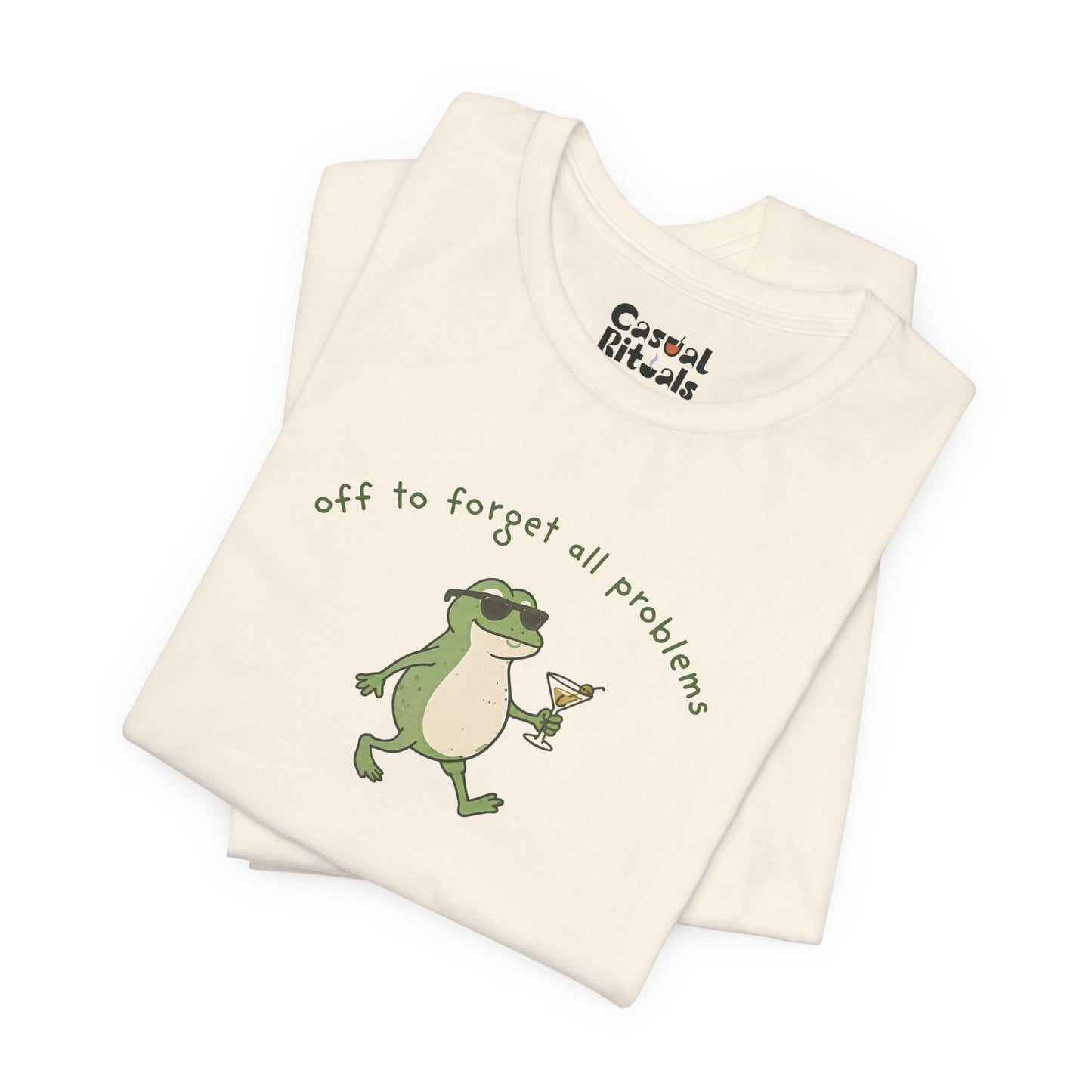 Frog with Martini T-Shirt — “Off to Forget All Problems” Playful Relaxed Tee