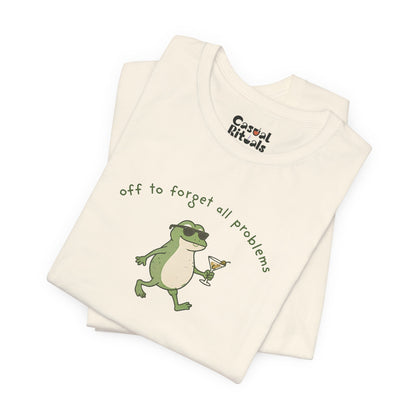 Frog with Martini T-Shirt — “Off to Forget All Problems” Playful Relaxed Tee