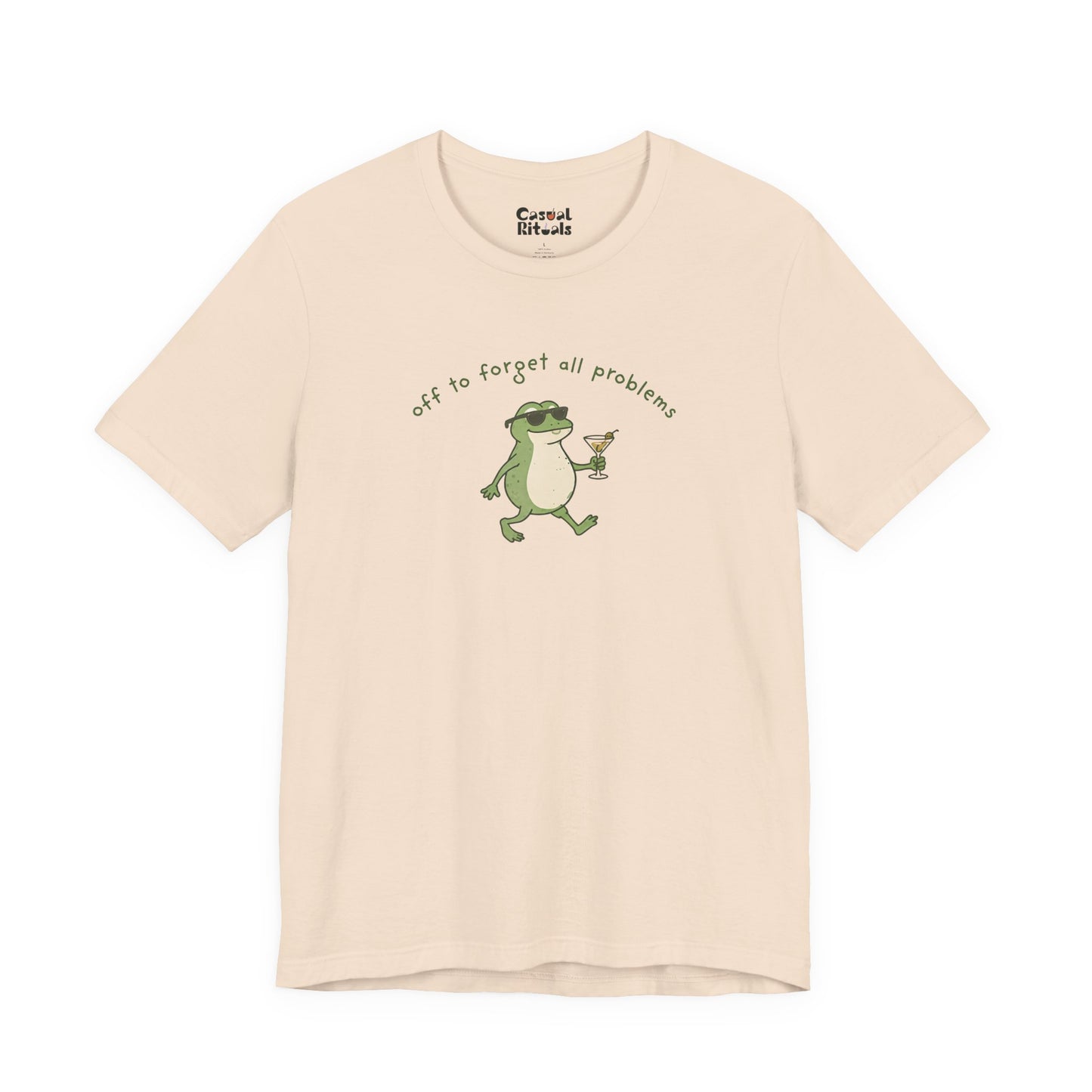 Frog with Martini T-Shirt — “Off to Forget All Problems” Playful Relaxed Tee