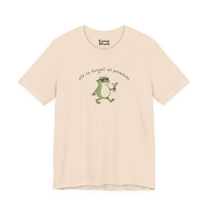 Frog with Martini T-Shirt — “Off to Forget All Problems” Playful Relaxed Tee
