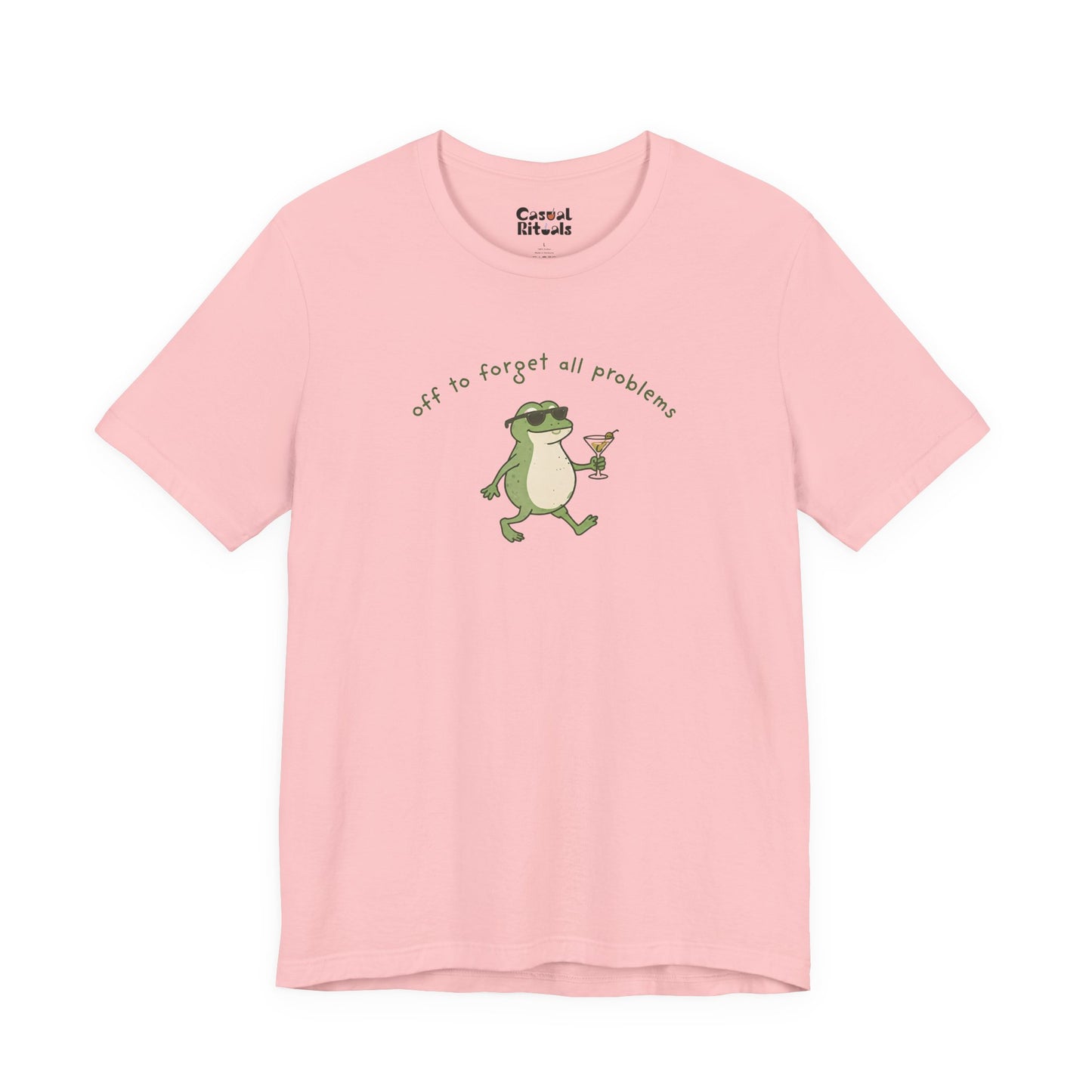 Frog with Martini T-Shirt — “Off to Forget All Problems” Playful Relaxed Tee