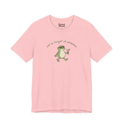 Frog with Martini T-Shirt — “Off to Forget All Problems” Playful Relaxed Tee