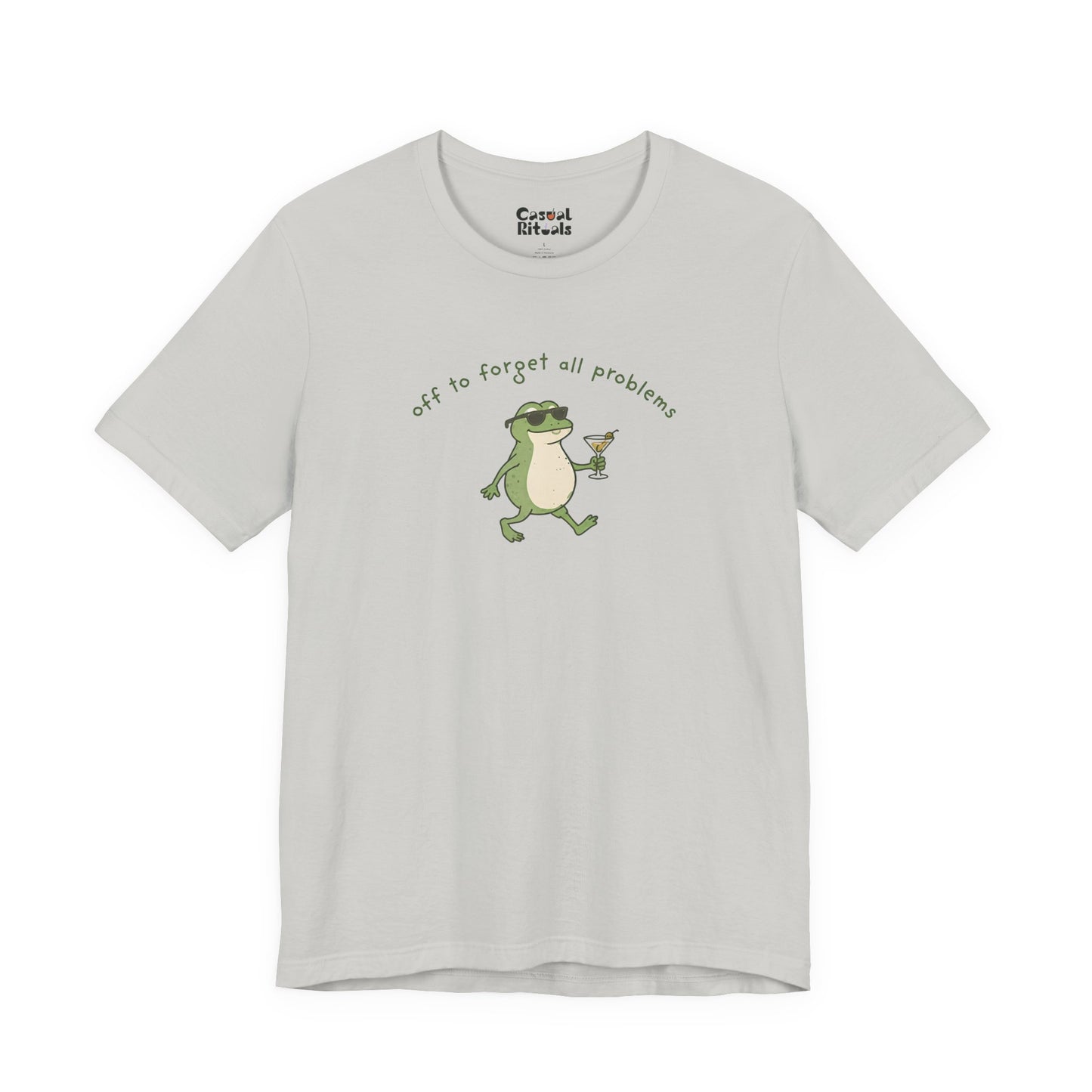 Frog with Martini T-Shirt — “Off to Forget All Problems” Playful Relaxed Tee