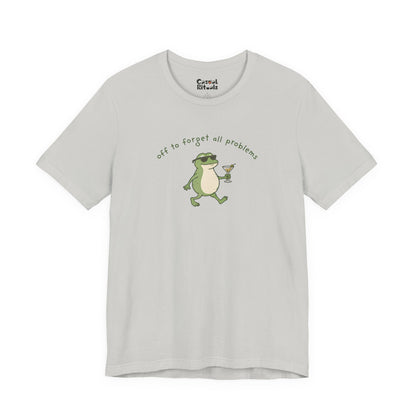 Frog with Martini T-Shirt — “Off to Forget All Problems” Playful Relaxed Tee