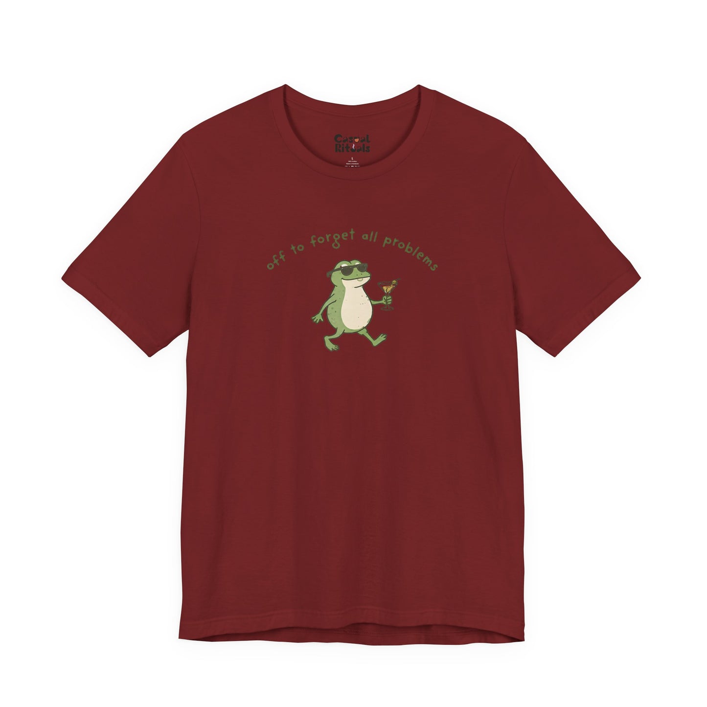 Frog with Martini T-Shirt — “Off to Forget All Problems” Playful Relaxed Tee