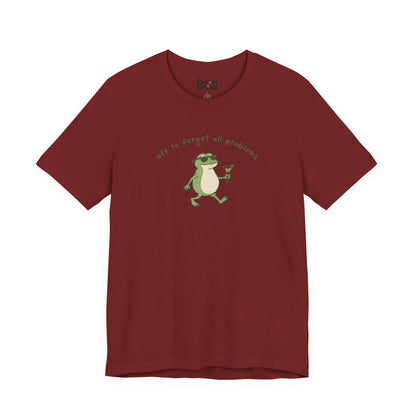 Frog with Martini T-Shirt — “Off to Forget All Problems” Playful Relaxed Tee