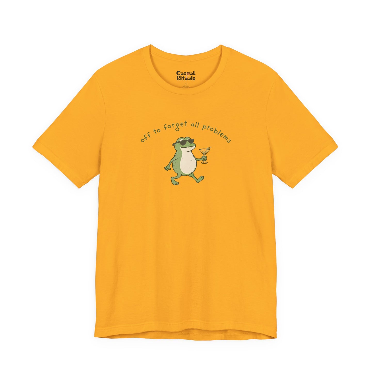 Frog with Martini T-Shirt — “Off to Forget All Problems” Playful Relaxed Tee