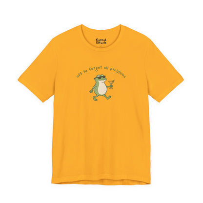 Frog with Martini T-Shirt — “Off to Forget All Problems” Playful Relaxed Tee