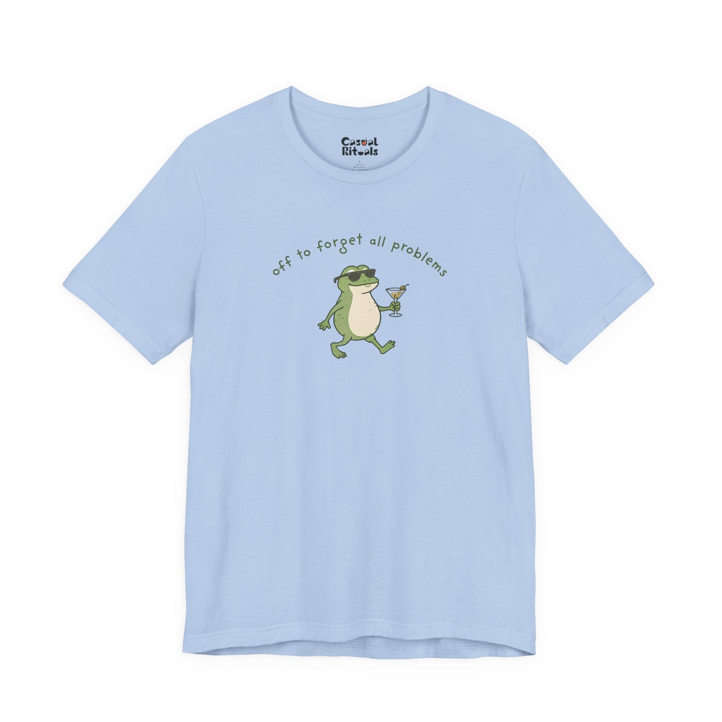 Frog with Martini T-Shirt — “Off to Forget All Problems” Playful Relaxed Tee