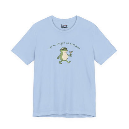 Frog with Martini T-Shirt — “Off to Forget All Problems” Playful Relaxed Tee