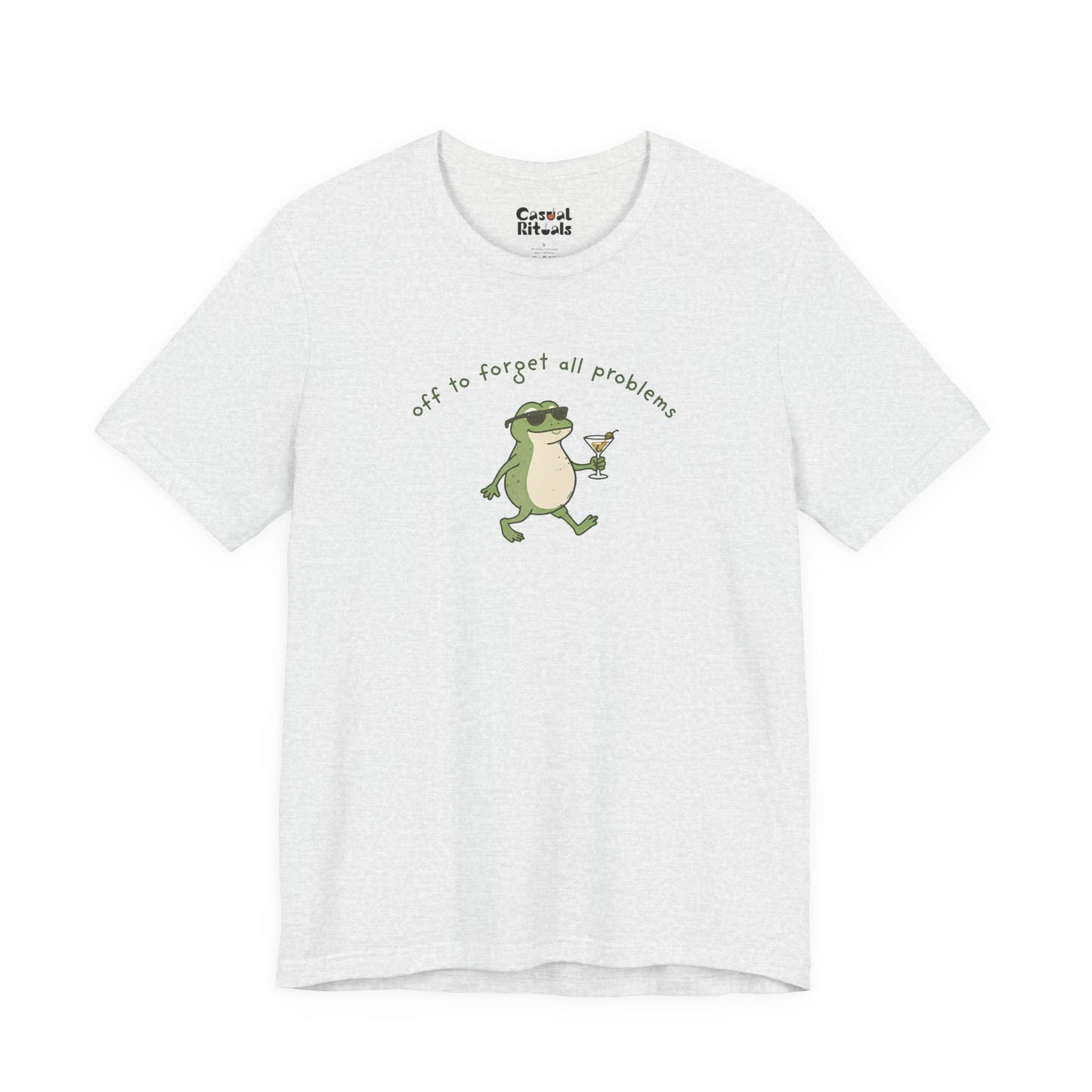 Frog with Martini T-Shirt — “Off to Forget All Problems” Playful Relaxed Tee