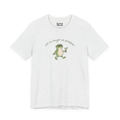 Frog with Martini T-Shirt — “Off to Forget All Problems” Playful Relaxed Tee
