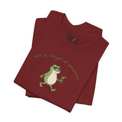 Frog with Martini T-Shirt — “Off to Forget All Problems” Playful Relaxed Tee