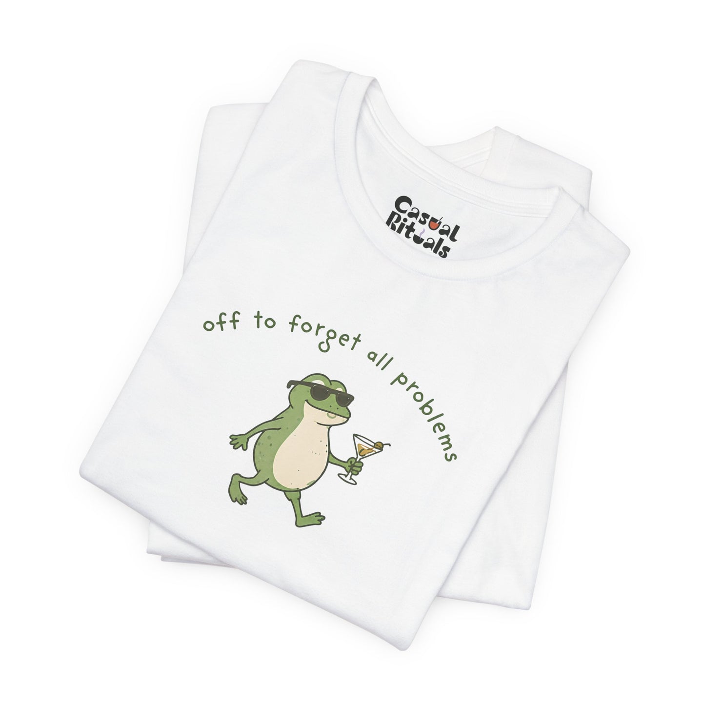 Frog with Martini T-Shirt — “Off to Forget All Problems” Playful Relaxed Tee