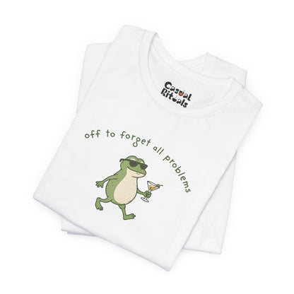 Frog with Martini T-Shirt — “Off to Forget All Problems” Playful Relaxed Tee