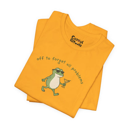 Frog with Martini T-Shirt — “Off to Forget All Problems” Playful Relaxed Tee