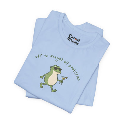 Frog with Martini T-Shirt — “Off to Forget All Problems” Playful Relaxed Tee