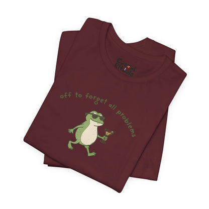 Frog with Martini T-Shirt — “Off to Forget All Problems” Playful Relaxed Tee