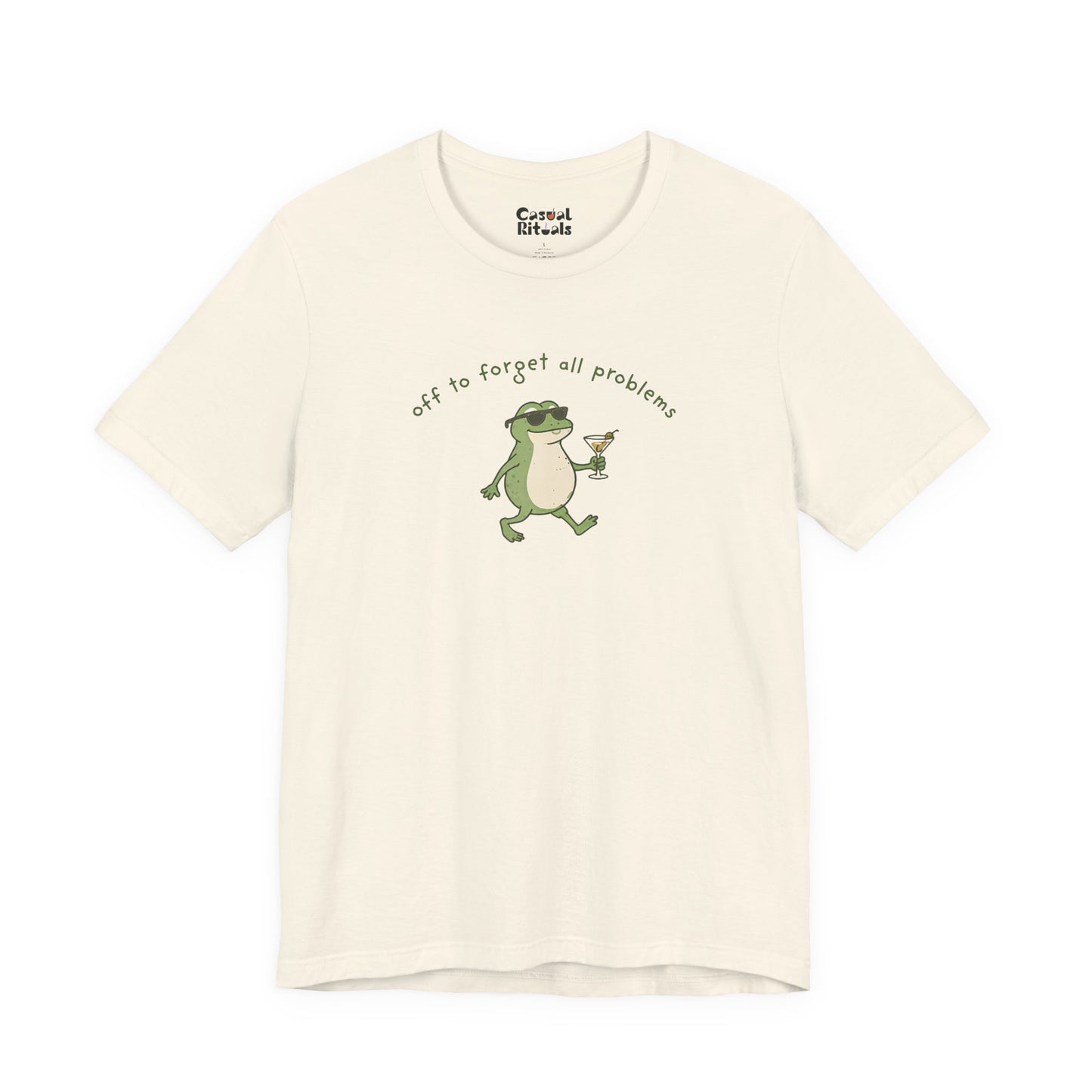 Frog with Martini T-Shirt — “Off to Forget All Problems” Playful Relaxed Tee