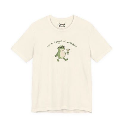Frog with Martini T-Shirt — “Off to Forget All Problems” Playful Relaxed Tee