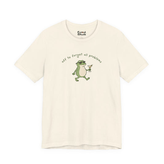 Frog with Martini T-Shirt — “Off to Forget All Problems” Playful Relaxed Tee